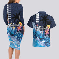 Hawaiian Honu Honi Ihu Couples Matching Long Sleeve Bodycon Dress and Hawaiian Shirt With Plumeria and Kakau Art Pattern LT03 - Polynesian Pride