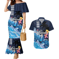 Hawaiian Honu Honi Ihu Couples Matching Mermaid Dress and Hawaiian Shirt With Plumeria and Kakau Art Pattern LT03 Dark Blue - Polynesian Pride