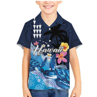 Hawaiian Honu Honi Ihu Family Matching Mermaid Dress and Hawaiian Shirt With Plumeria and Kakau Art Pattern LT03 Son's Shirt Dark Blue - Polynesian Pride