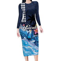 Hawaiian Honu Honi Ihu Long Sleeve Bodycon Dress With Plumeria and Kakau Art Pattern LT03 Long Dress Dark Blue - Polynesian Pride