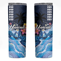 Hawaiian Honu Honi Ihu Skinny Tumbler With Plumeria and Kakau Art Pattern LT03 Dark Blue - Polynesian Pride