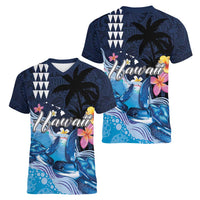 Hawaiian Honu Honi Ihu Women V-Neck T-Shirt With Plumeria and Kakau Art Pattern LT03 - Polynesian Pride
