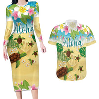 Aloha Turtle Family on The Beach Couples Matching Long Sleeve Bodycon Dress and Hawaiian Shirt with Hawaiian Colorful Plumeria LT03 Beige - Polynesian Pride