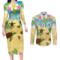 Aloha Turtle Family on The Beach Couples Matching Long Sleeve Bodycon Dress and Long Sleeve Button Shirt with Hawaiian Colorful Plumeria LT03 Beige - Polynesian Pride