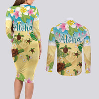 Aloha Turtle Family on The Beach Couples Matching Long Sleeve Bodycon Dress and Long Sleeve Button Shirt with Hawaiian Colorful Plumeria LT03 - Polynesian Pride