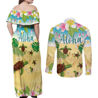 Aloha Turtle Family on The Beach Couples Matching Off Shoulder Maxi Dress and Long Sleeve Button Shirt with Hawaiian Colorful Plumeria LT03 - Polynesian Pride