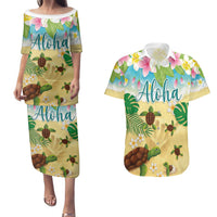 Aloha Turtle Family on The Beach Couples Matching Puletasi and Hawaiian Shirt with Hawaiian Colorful Plumeria LT03 Beige - Polynesian Pride