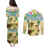 Aloha Turtle Family on The Beach Couples Matching Puletasi and Long Sleeve Button Shirt with Hawaiian Colorful Plumeria LT03 - Polynesian Pride