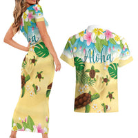 Aloha Turtle Family on The Beach Couples Matching Short Sleeve Bodycon Dress and Hawaiian Shirt with Hawaiian Colorful Plumeria LT03 - Polynesian Pride