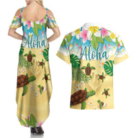 Aloha Turtle Family on The Beach Couples Matching Summer Maxi Dress and Hawaiian Shirt with Hawaiian Colorful Plumeria LT03 - Polynesian Pride