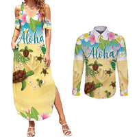 Aloha Turtle Family on The Beach Couples Matching Summer Maxi Dress and Long Sleeve Button Shirt with Hawaiian Colorful Plumeria LT03 Beige - Polynesian Pride