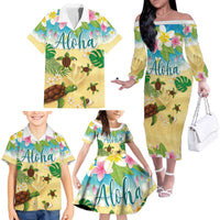 Aloha Turtle Family on The Beach Family Matching Off The Shoulder Long Sleeve Dress and Hawaiian Shirt with Hawaiian Colorful Plumeria LT03 - Polynesian Pride