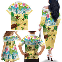 Aloha Turtle Family on The Beach Family Matching Off The Shoulder Long Sleeve Dress and Hawaiian Shirt with Hawaiian Colorful Plumeria LT03 - Polynesian Pride
