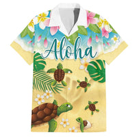 Aloha Turtle Family on The Beach Family Matching Off The Shoulder Long Sleeve Dress and Hawaiian Shirt with Hawaiian Colorful Plumeria LT03 Dad's Shirt - Short Sleeve Beige - Polynesian Pride