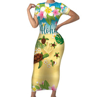 Aloha Turtle Family on The Beach Family Matching Short Sleeve Bodycon Dress and Hawaiian Shirt with Hawaiian Colorful Plumeria LT03 Mom's Dress Beige - Polynesian Pride