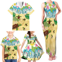 Aloha Turtle Family on The Beach Family Matching Tank Maxi Dress and Hawaiian Shirt with Hawaiian Colorful Plumeria LT03 - Polynesian Pride