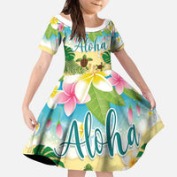 Aloha Turtle Family on The Beach Kid Short Sleeve Dress with Hawaiian Colorful Plumeria LT03 KID Beige - Polynesian Pride