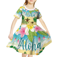 Aloha Turtle Family on The Beach Kid Short Sleeve Dress with Hawaiian Colorful Plumeria LT03 - Polynesian Pride