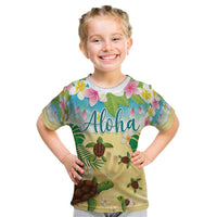 Aloha Turtle Family on The Beach Kid T Shirt with Hawaiian Colorful Plumeria LT03 Beige - Polynesian Pride