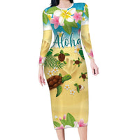 Aloha Turtle Family on The Beach Long Sleeve Bodycon Dress with Hawaiian Colorful Plumeria LT03 Long Dress Beige - Polynesian Pride
