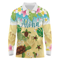 Aloha Turtle Family on The Beach Long Sleeve Polo Shirt with Hawaiian Colorful Plumeria LT03 Beige - Polynesian Pride