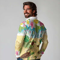 Aloha Turtle Family on The Beach Long Sleeve Polo Shirt with Hawaiian Colorful Plumeria LT03 - Polynesian Pride