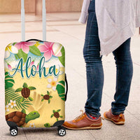 Aloha Turtle Family on The Beach Luggage Cover with Hawaiian Colorful Plumeria LT03 Beige - Polynesian Pride
