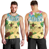 Aloha Turtle Family on The Beach Men Tank Top with Hawaiian Colorful Plumeria LT03 - Polynesian Pride