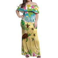 Aloha Turtle Family on The Beach Off Shoulder Maxi Dress with Hawaiian Colorful Plumeria LT03 Women Beige - Polynesian Pride