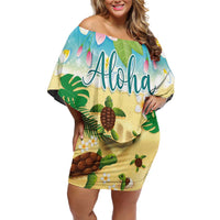 Aloha Turtle Family on The Beach Off Shoulder Short Dress with Hawaiian Colorful Plumeria LT03 Women Beige - Polynesian Pride