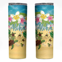 Hawaii Aloha Turtle Family on The Beach with Colorful Tropical Flowers Skinny Tumbler LT03 Beige - Polynesian Pride
