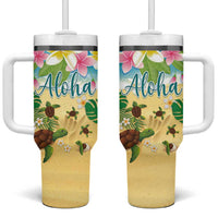 Hawaii Aloha Turtle Family on The Beach with Colorful Tropical Flowers Tumbler With Handle LT03 One Size: 40 oz Beige - Polynesian Pride