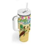Hawaii Aloha Turtle Family on The Beach with Colorful Tropical Flowers Tumbler With Handle LT03 - Polynesian Pride
