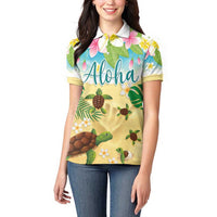 Aloha Turtle Family on The Beach Women Polo Shirt with Hawaiian Colorful Plumeria