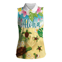 Aloha Turtle Family on The Beach Women Sleeveless Polo Shirt with Hawaiian Colorful Plumeria LT03 Female Beige - Polynesian Pride