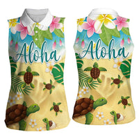 Aloha Turtle Family on The Beach Women Sleeveless Polo Shirt with Hawaiian Colorful Plumeria LT03 - Polynesian Pride
