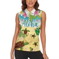Aloha Turtle Family on The Beach Women Sleeveless Polo Shirt with Hawaiian Colorful Plumeria LT03 - Polynesian Pride