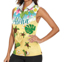 Aloha Turtle Family on The Beach Women Sleeveless Polo Shirt with Hawaiian Colorful Plumeria LT03 - Polynesian Pride