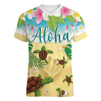 Aloha Turtle Family on The Beach Women V-Neck T-Shirt with Hawaiian Colorful Plumeria LT03 Female Beige - Polynesian Pride