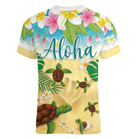 Aloha Turtle Family on The Beach Women V-Neck T-Shirt with Hawaiian Colorful Plumeria LT03 - Polynesian Pride