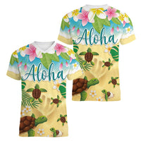 Aloha Turtle Family on The Beach Women V-Neck T-Shirt with Hawaiian Colorful Plumeria LT03 - Polynesian Pride