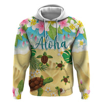 Aloha Turtle Family on The Beach Zip Hoodie with Hawaiian Colorful Plumeria LT03 Pullover Hoodie Beige - Polynesian Pride