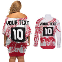 Cook Islands Marathon 2025-Pursuit in Paradise Couples Matching Off Shoulder Short Dress and Long Sleeve Button Shirt Red Color LT03 - Polynesian Pride