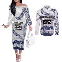 Cook Islands Marathon 2025-Pursuit in Paradise Couples Matching Off The Shoulder Long Sleeve Dress and Long Sleeve Button Shirt Blue Color LT03 Blue - Polynesian Pride