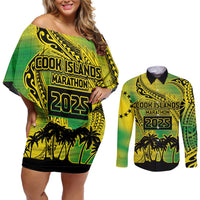Cook Islands Marathon 2025-Pursuit in Paradise Couples Matching Off Shoulder Short Dress and Long Sleeve Button Shirt Special Edition LT03 Yellow-Green - Polynesian Pride