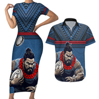 Custom Toa Samoa Rugby Couples Matching Short Sleeve Bodycon Dress and Hawaiian Shirt Samoan Warrior Ula Fala Tribal Pattern LT03 Blue - Polynesian Pride