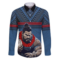 Custom Toa Samoa Rugby Family Matching Long Sleeve Bodycon Dress and Hawaiian Shirt Samoan Warrior Ula Fala Tribal Pattern LT03 Dad's Shirt - Long Sleeve Blue - Polynesian Pride