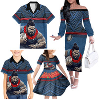 Custom Toa Samoa Rugby Family Matching Off The Shoulder Long Sleeve Dress and Hawaiian Shirt Samoan Warrior Ula Fala Tribal Pattern LT03 - Polynesian Pride