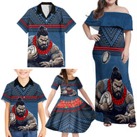Custom Toa Samoa Rugby Family Matching Off Shoulder Maxi Dress and Hawaiian Shirt Samoan Warrior Ula Fala Tribal Pattern LT03 - Polynesian Pride