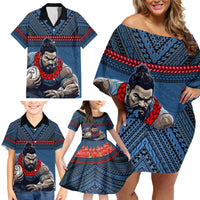Custom Toa Samoa Rugby Family Matching Off Shoulder Short Dress and Hawaiian Shirt Samoan Warrior Ula Fala Tribal Pattern LT03 - Polynesian Pride